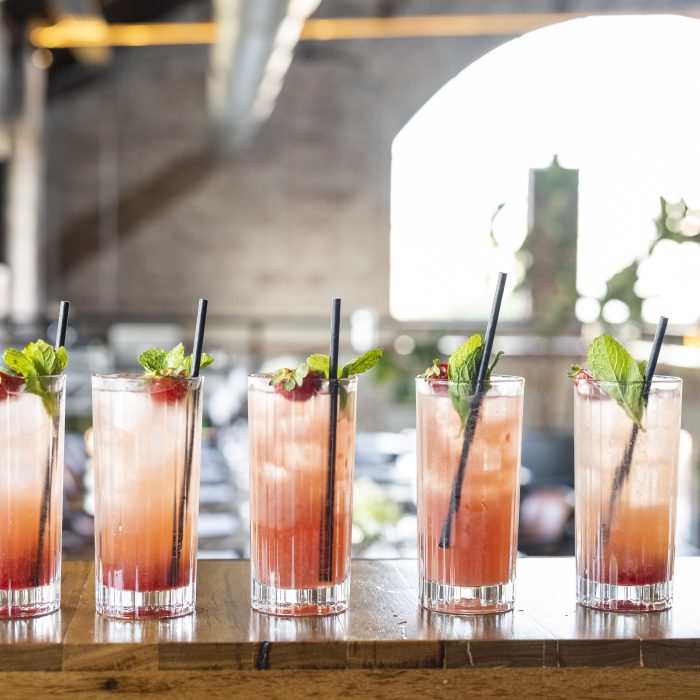 Six tall glasses of a gradient red and pink cocktail garnished with fresh mint, lined up on a wooden surface in our former boiler house venue with our iconic large arch window providing soft lighting in the background.